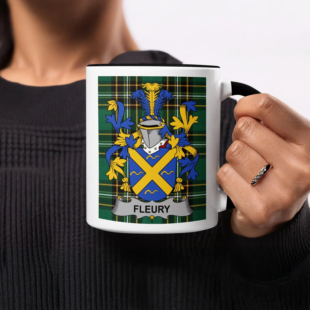 Mug with the Fleury family crest on a tartan background.