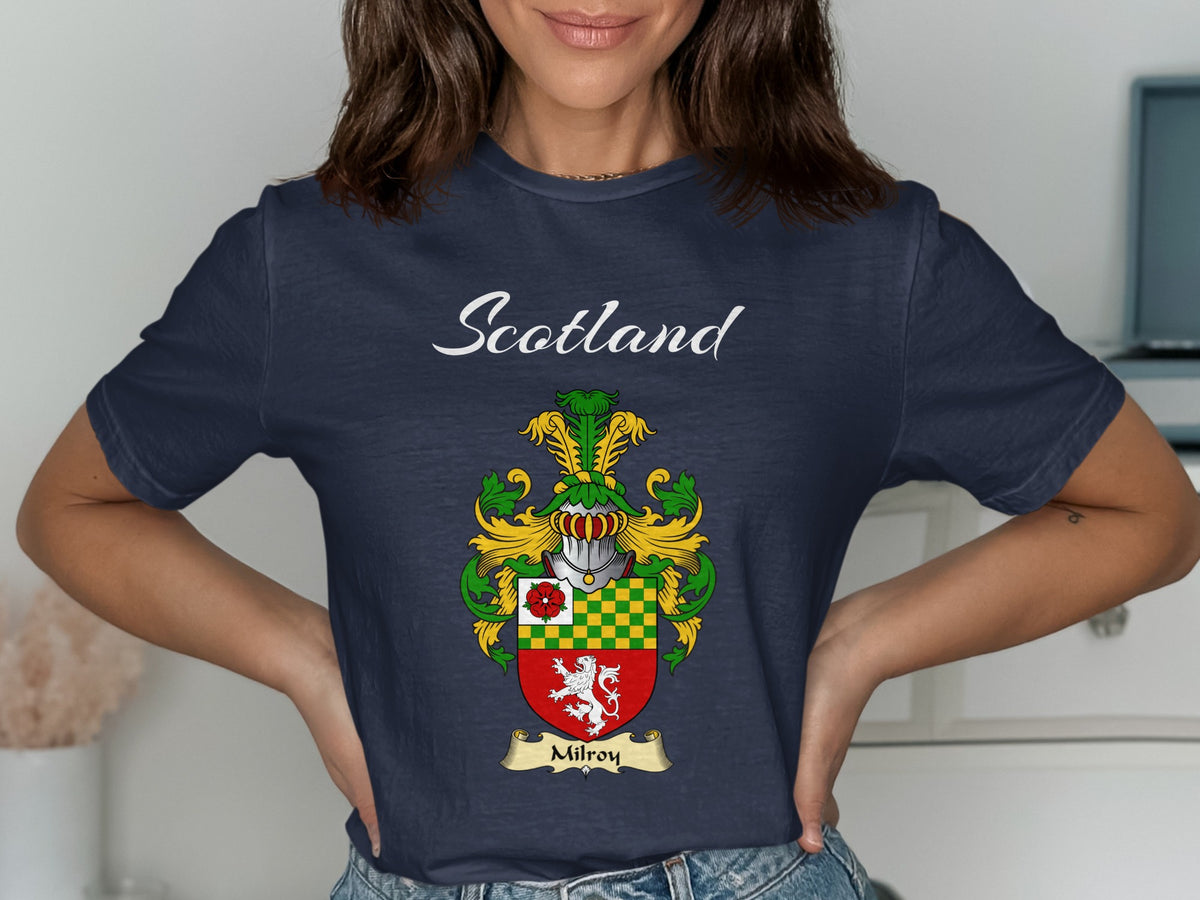 Milroy Scottish family shield design on Navy T-shirt