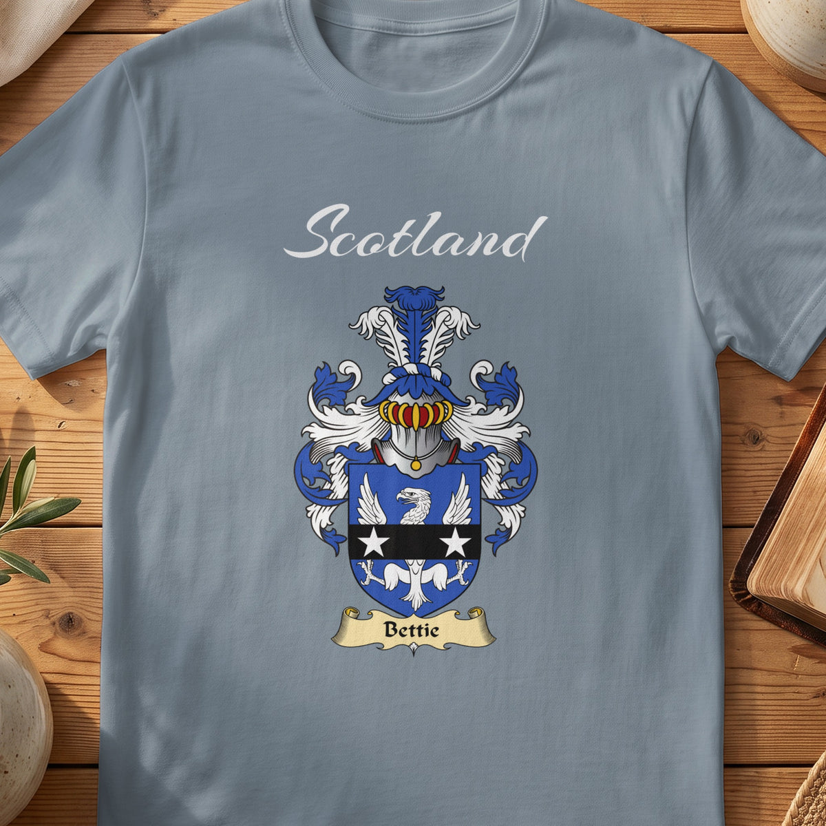Bettie Scottish family shield T-shirt in Stone Blue