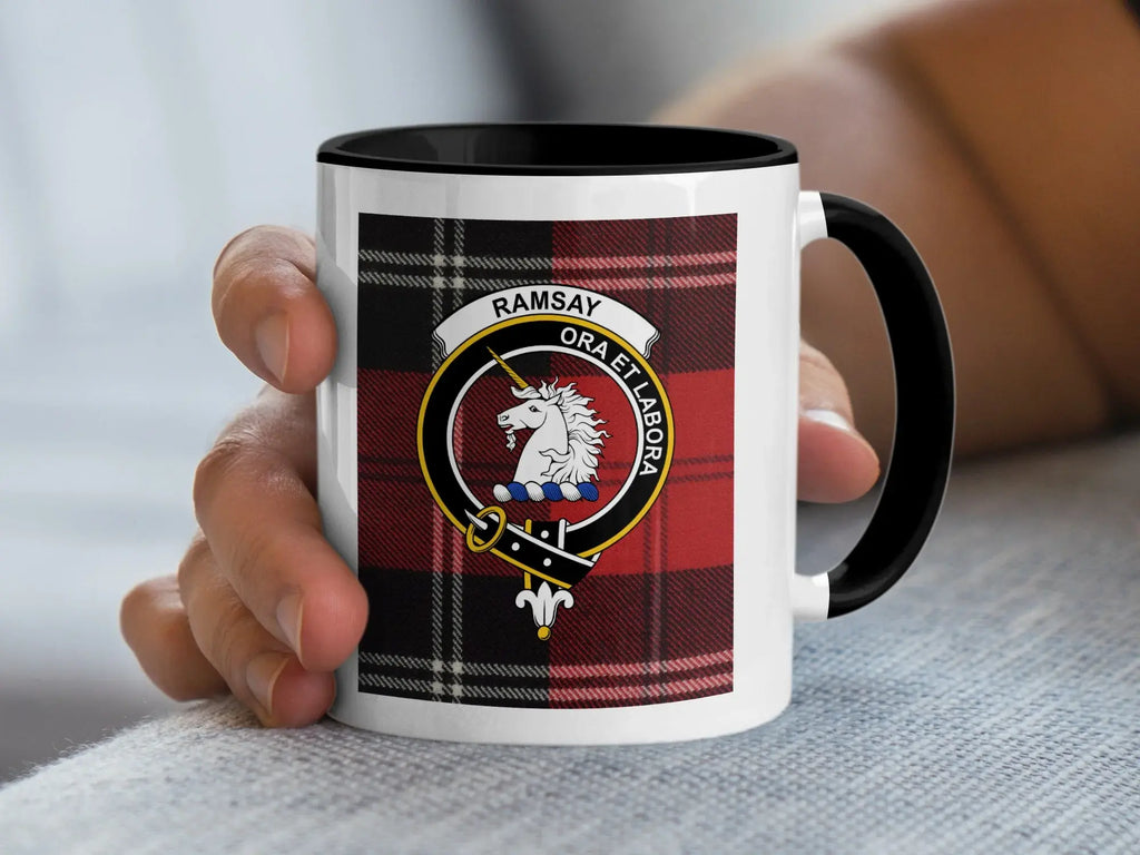 Clan Ramsay tartan mug in navy — 15oz ceramic with ora et labora crest