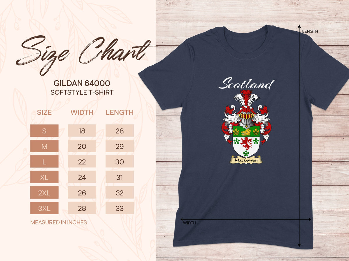 Gildan 64000 size chart for the MacGowan unisex T-shirt, sizes S to 3XL