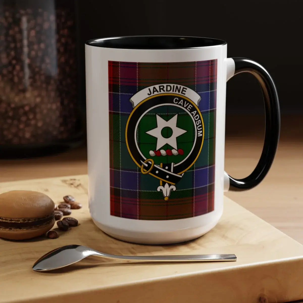 Clan Jardine crest mug — 15 oz with black handle, Cave Adsum motto visible on design
