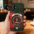 Clan Erskine tartan phone case — glossy 3D wrap print, crest and motto Je Pense Plus, iPhone model