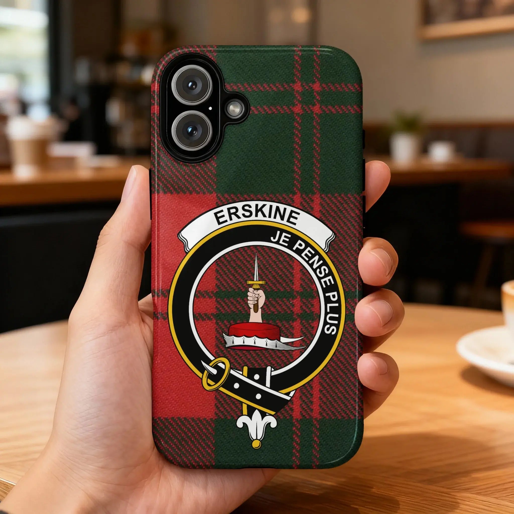 Clan Erskine tartan phone case — glossy 3D wrap print, crest and motto Je Pense Plus, iPhone model
