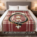 Clan Menzies crest woven tartan blanket — red and white clan colours in 100% cotton heirloom throw
