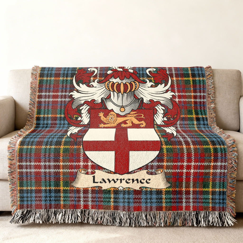 Lawrence family crest emblem on a Caledonia tartan woven blanket