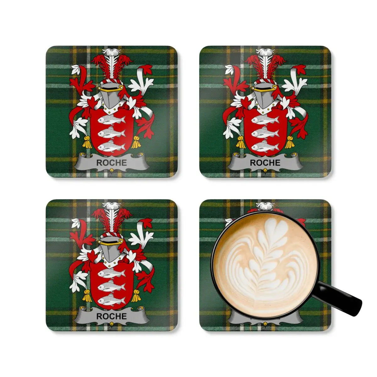 Roche Family Crest on Tartan Set of 4 Coasters product type