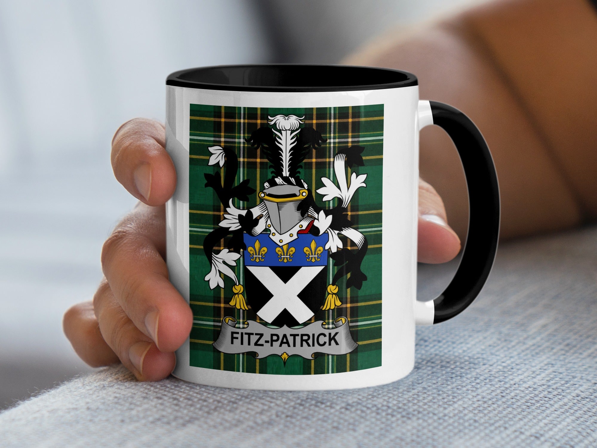 Fitzpatrick family crest Irish heritage mug on green Irish National Tartan