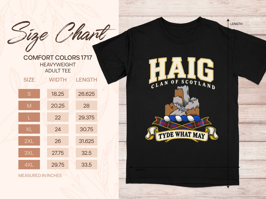 Haig Comfort Colors 1717 T-shirt size chart with black shirt illustration