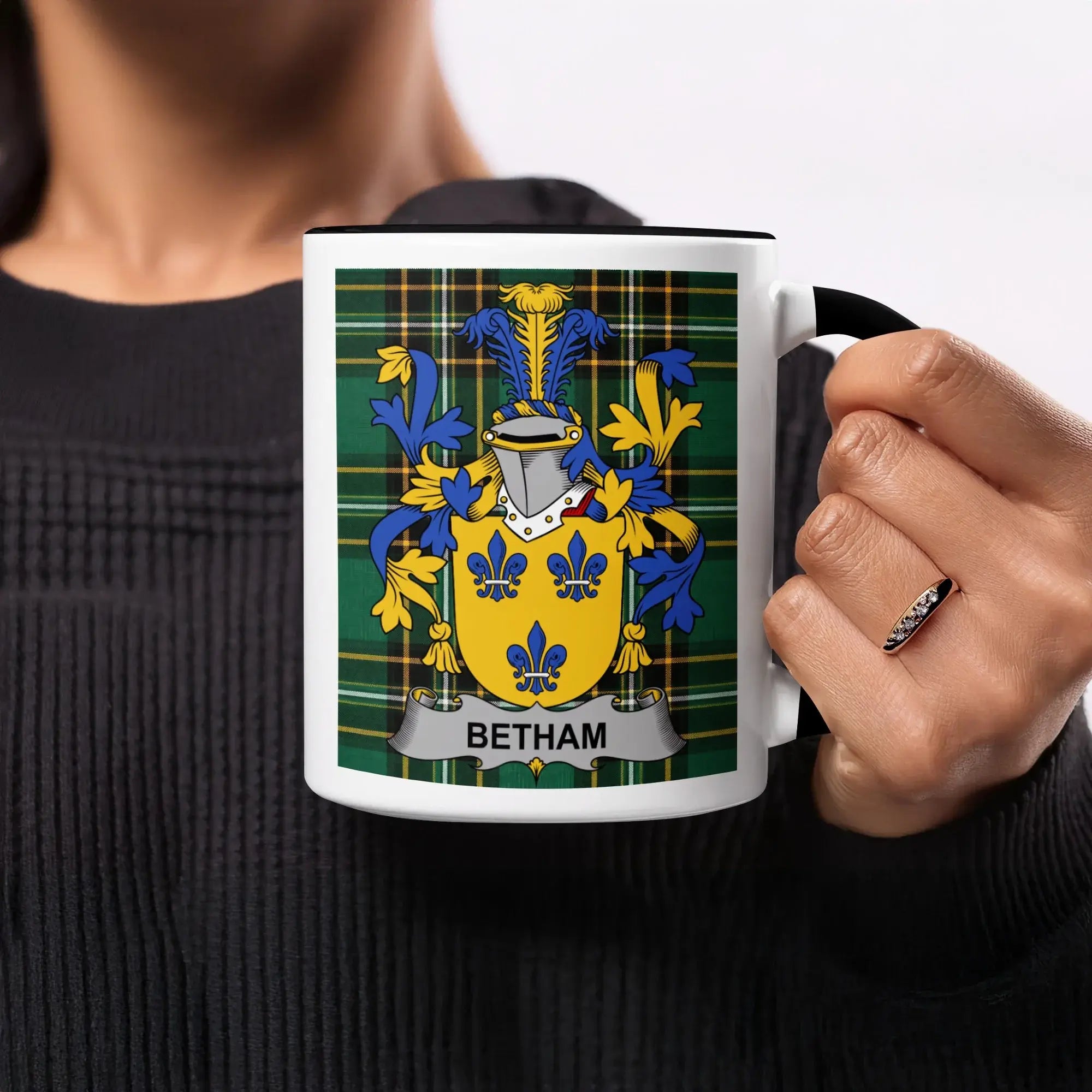 Coat of arms with blue fleurs-de-lis on green plaid, labeled "Betham".