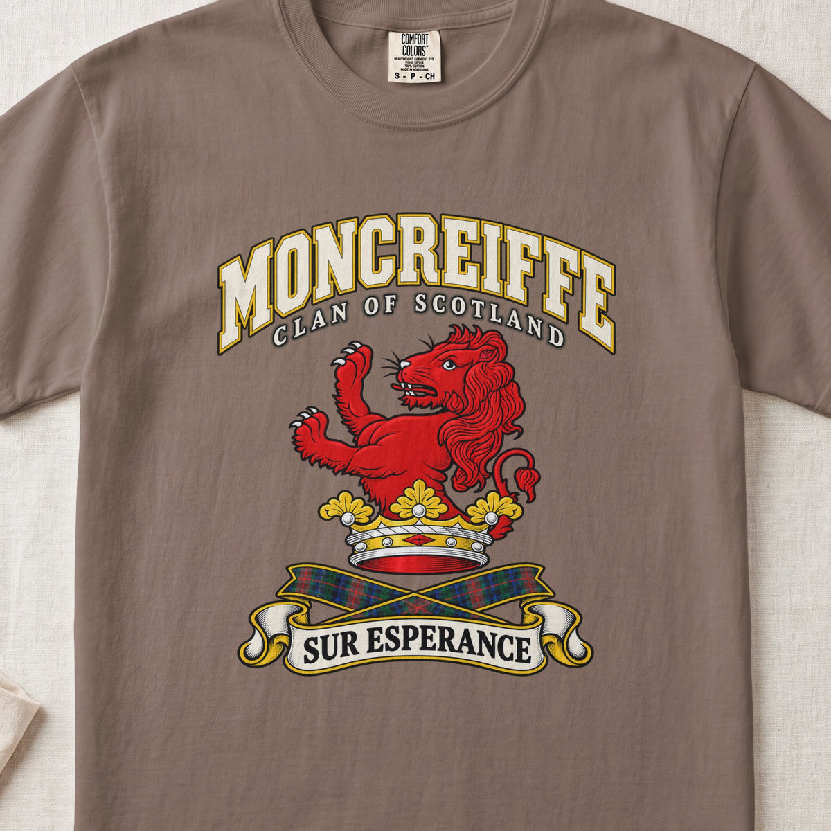 Moncreiffe Scottish clan T-shirt in Espresso, front view with a red lion above a golden crown and motto banner.