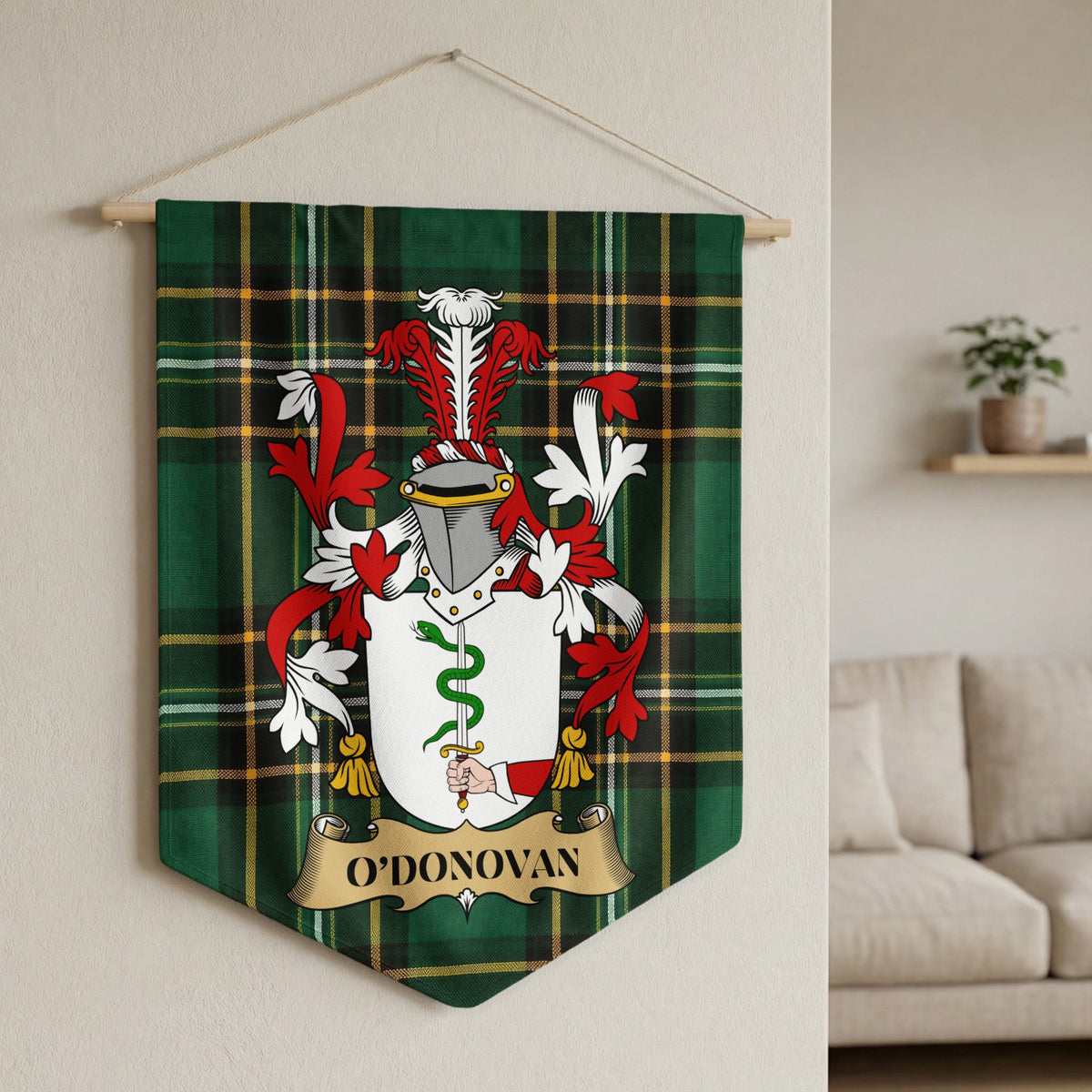 O'Donovan family crest on green tartan banner hanging on wall.