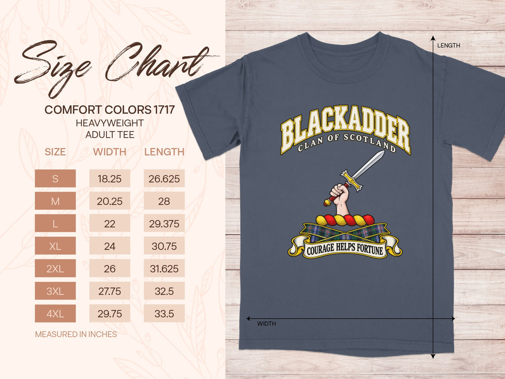 Comfort Colors 1717 size chart for the Blackadder Scottish clan T-shirt, adult sizes S–4XL.