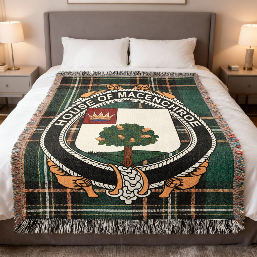 MacEnroe Irish National Tartan woven blanket with family crest emblem
