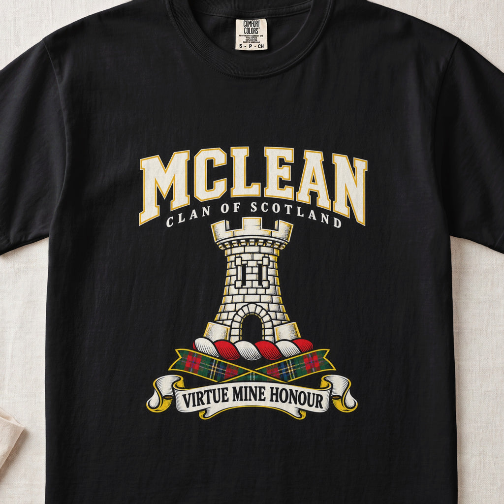 McLean graphic T-shirt in Black, front flat lay showing varsity lettering and white stone tower with battlements and arched doorway.