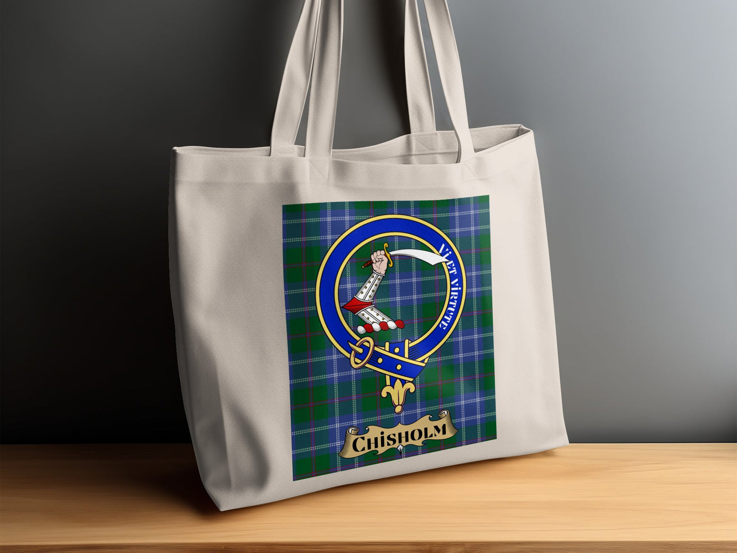 Chisholm Clan Crest Tartan Background Tote Bag - Living Stone Gifts