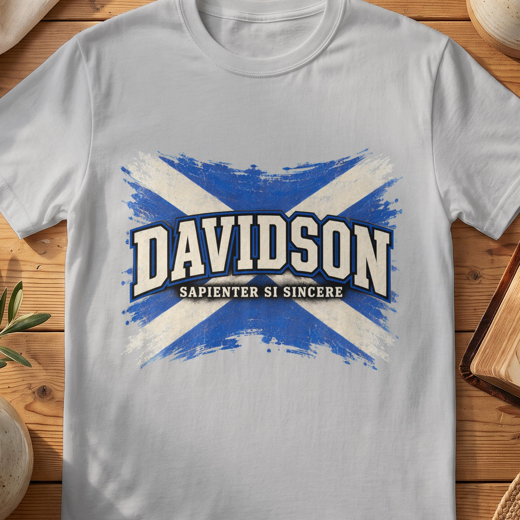 Davidson Scottish Saltire T-shirt in Sport Grey, with distressed blue and cream flag and “Sapienter Si Sincere” lettering.