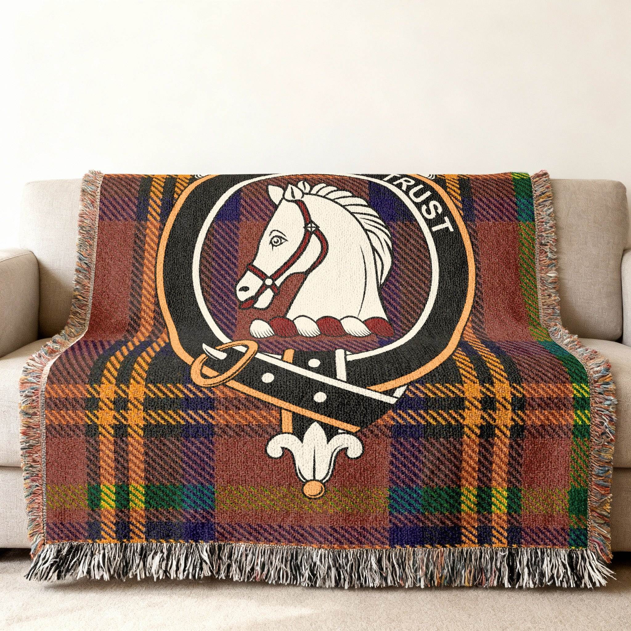 Hepburn Scottish clan crest tartan throw blanket — Keep Trust design at centre, woven cotton