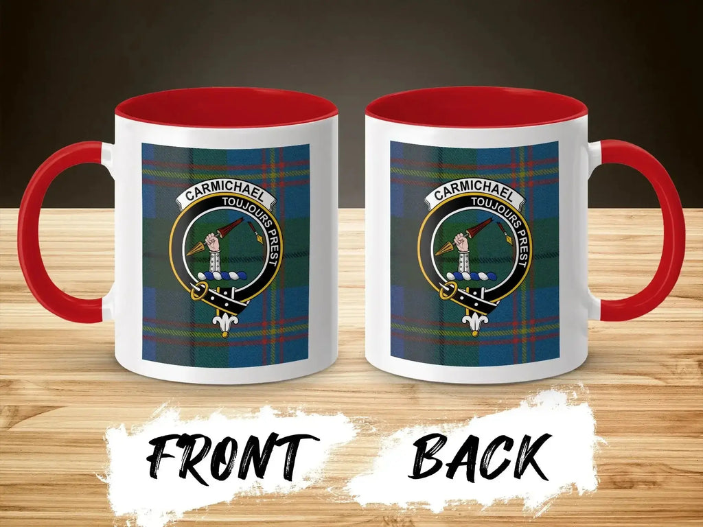 Carmichael clan crest tartan mug — red handle, 11 oz ceramic