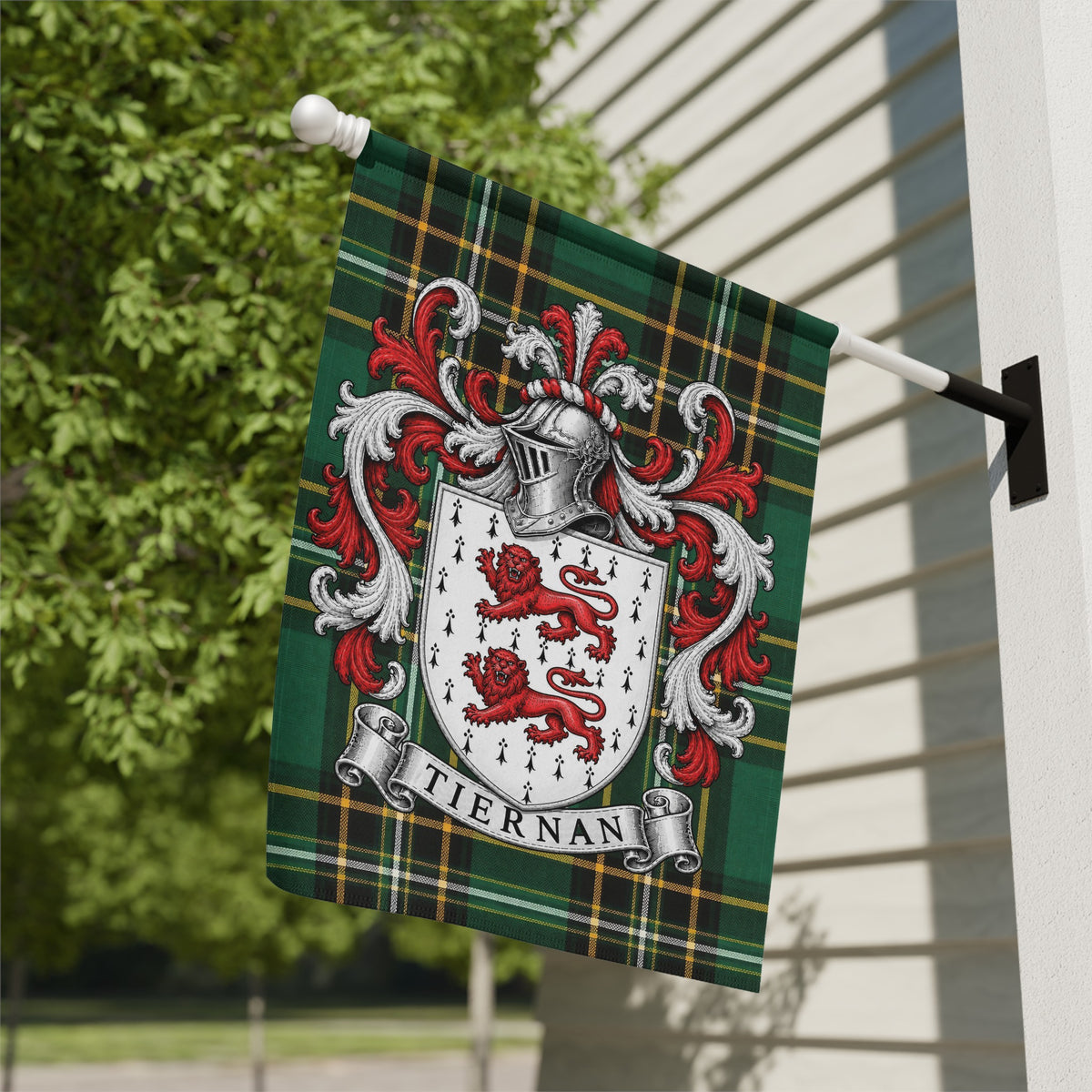 Tiernan Irish National Tartan family crest garden flag displayed outdoors