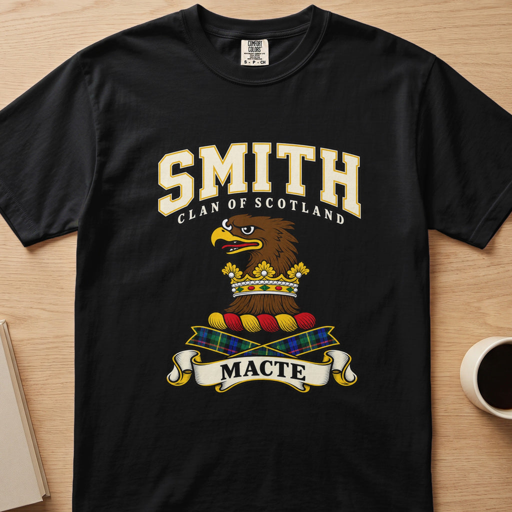 Smith brown eagle-head crest with gold accents graphic on a black Comfort Colors T-shirt, front view