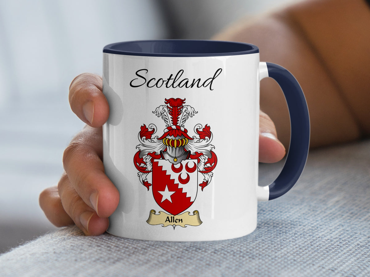 White Allen heritage mug with navy handle and interior, displaying “Scotland” and the colourful family emblem.
