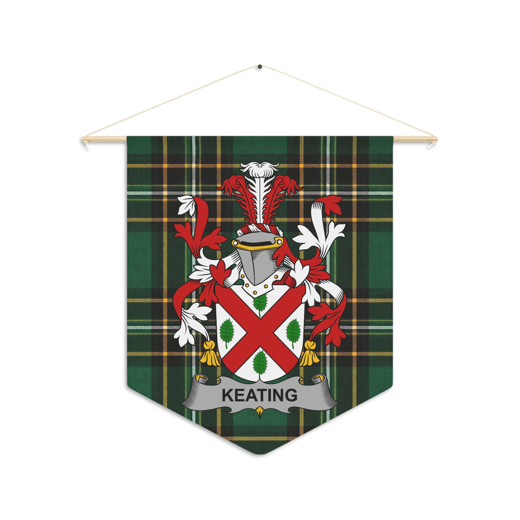 Keating Irish National Tartan pennant with the family crest, hanging against a white background