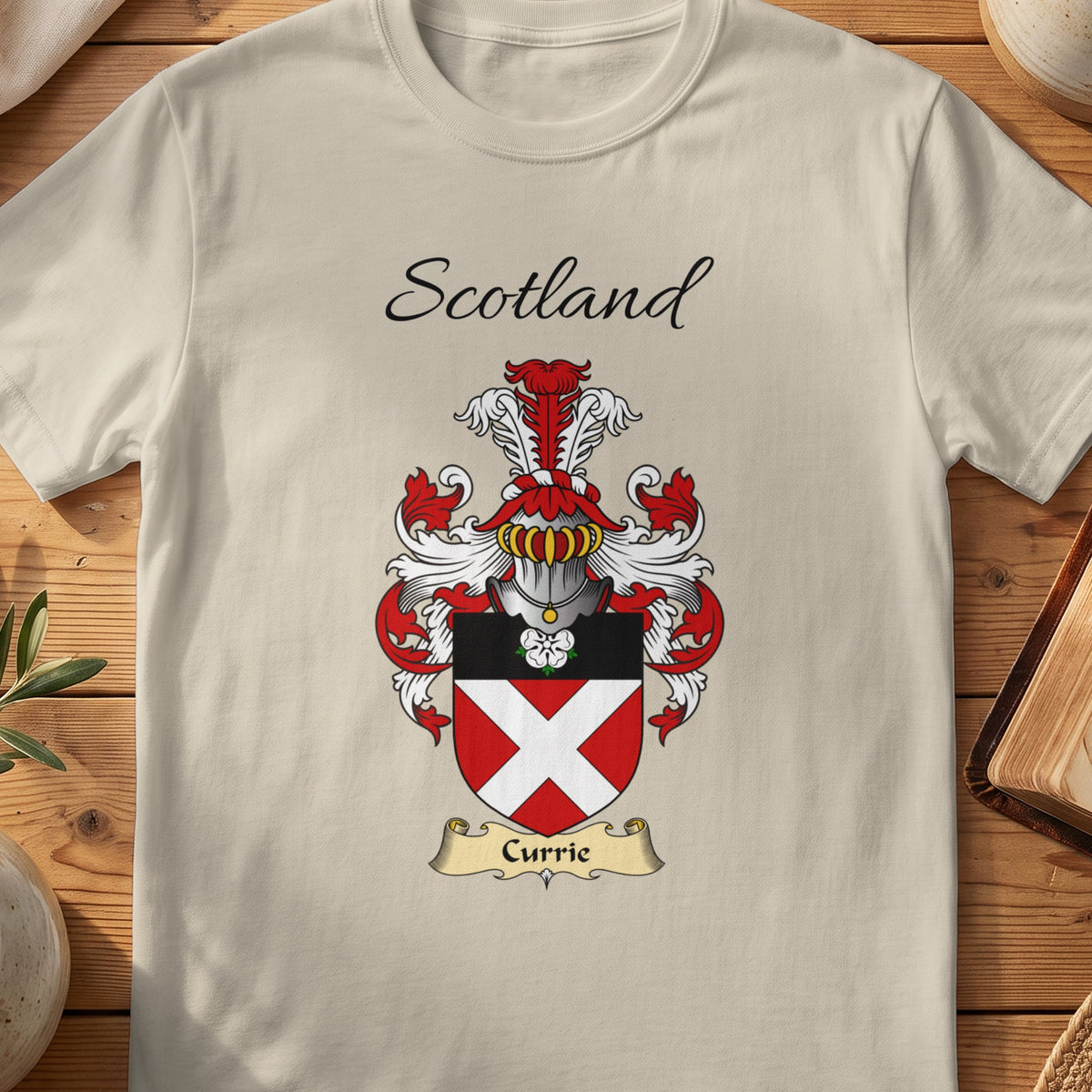 Sand Currie Scottish family shield T-shirt featuring a white diagonal cross on red