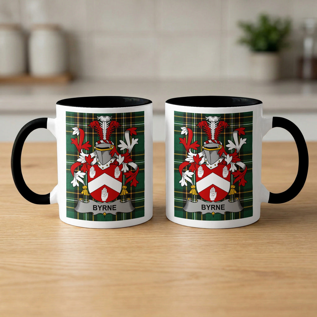 Byrne Irish surname mugs front and back — family crest on Irish National Tartan