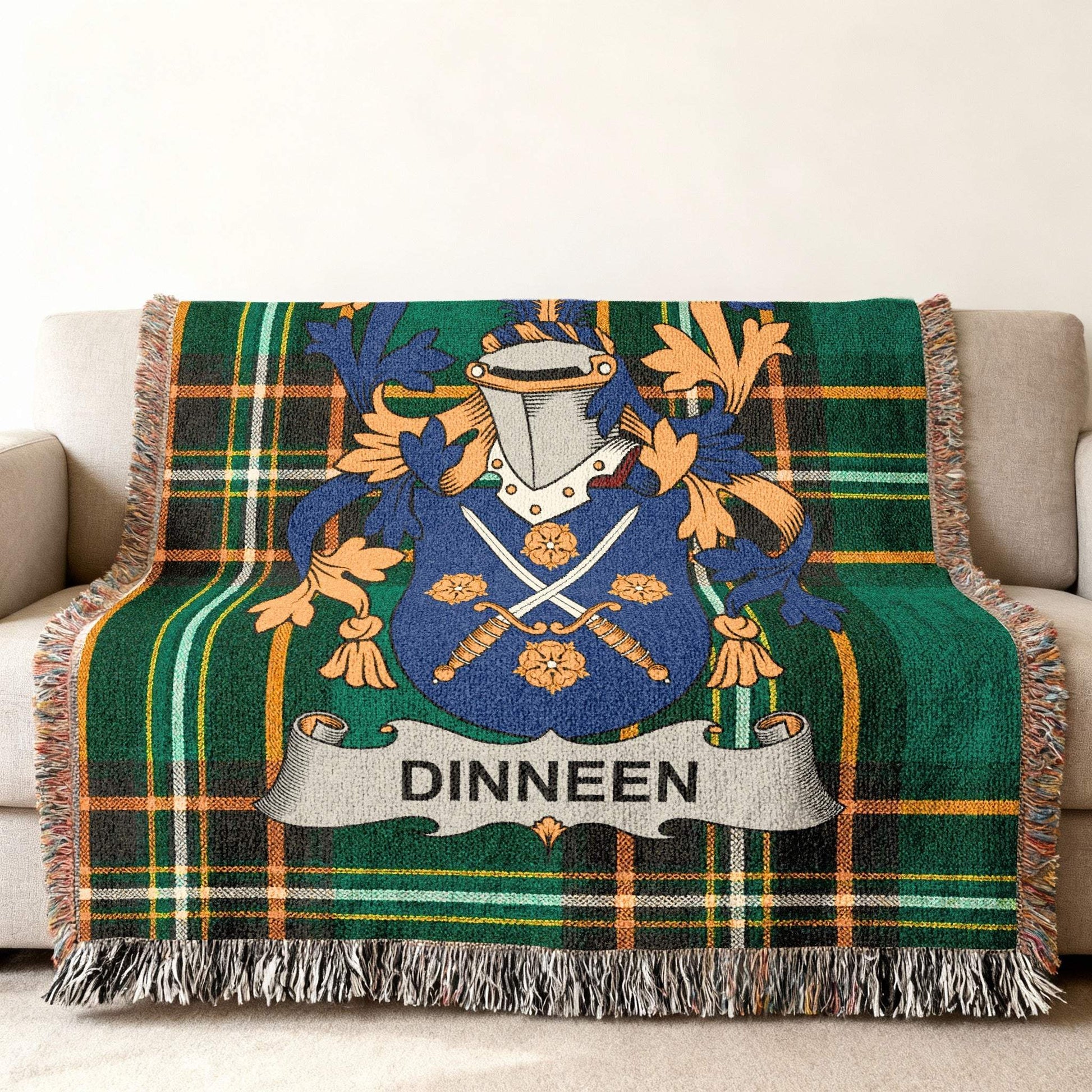 DINNEEN Family Crest Plaid Tartan Green Orange Fringed Throw product type