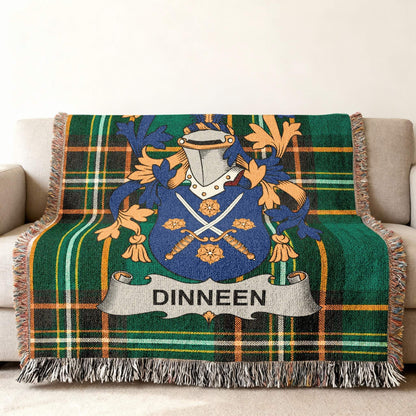 DINNEEN Family Crest Plaid Tartan Green Orange Fringed Throw product type