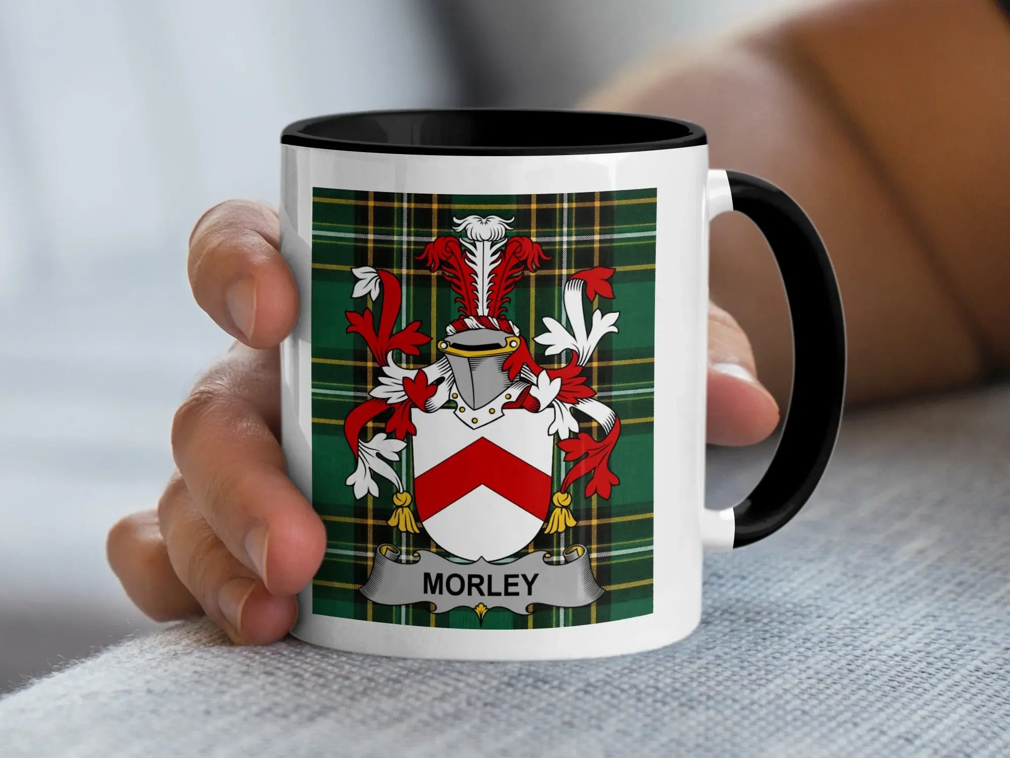 Morley Irish family crest black accent mug