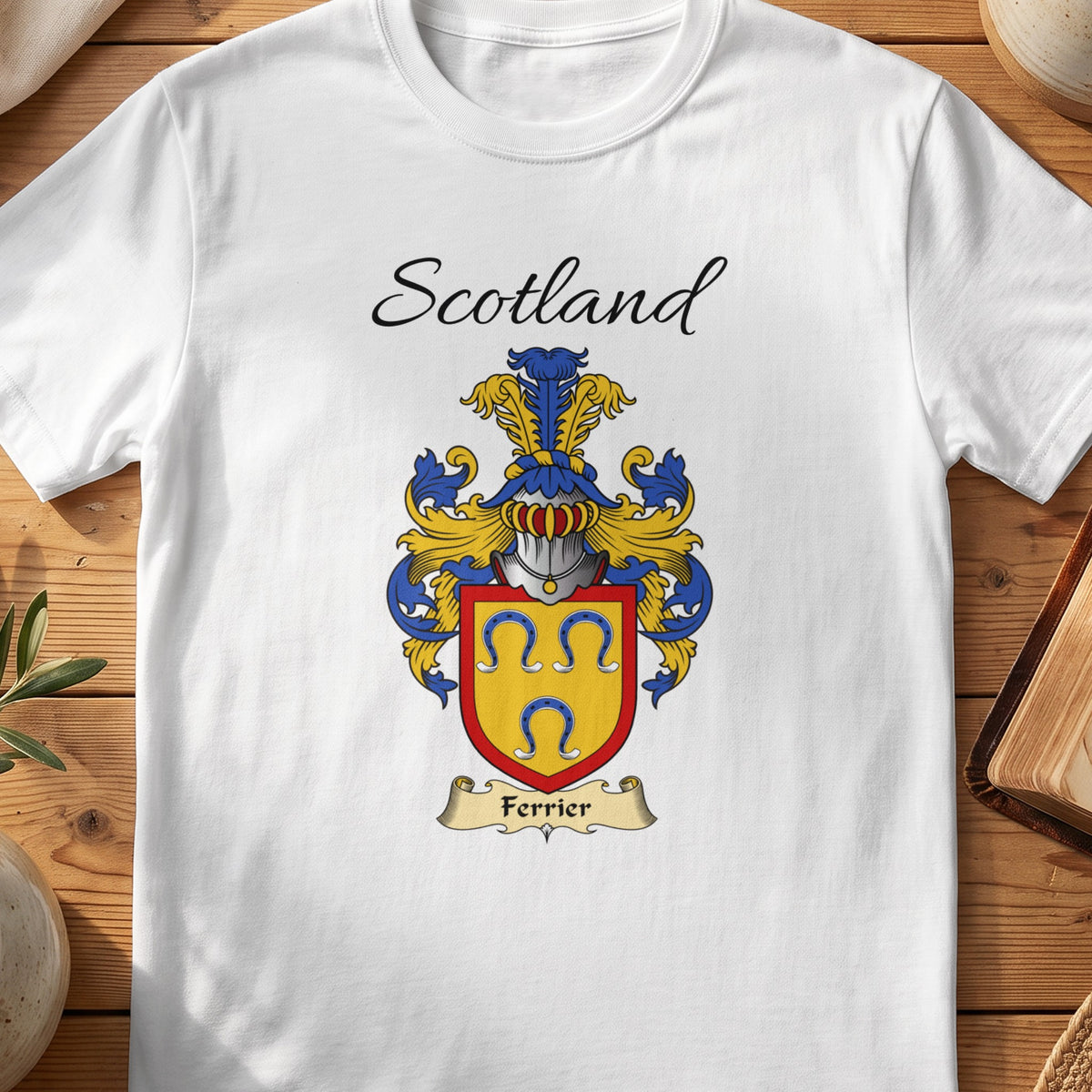 White Ferrier Scottish family shield T-shirt featuring three blue horseshoes on gold