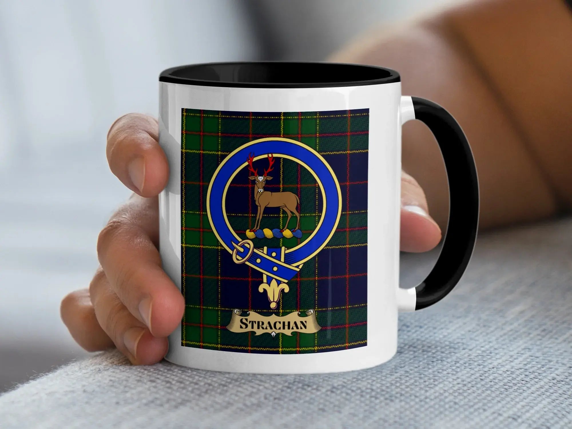 Strachan tartan mug with a coloured accent handle and interior