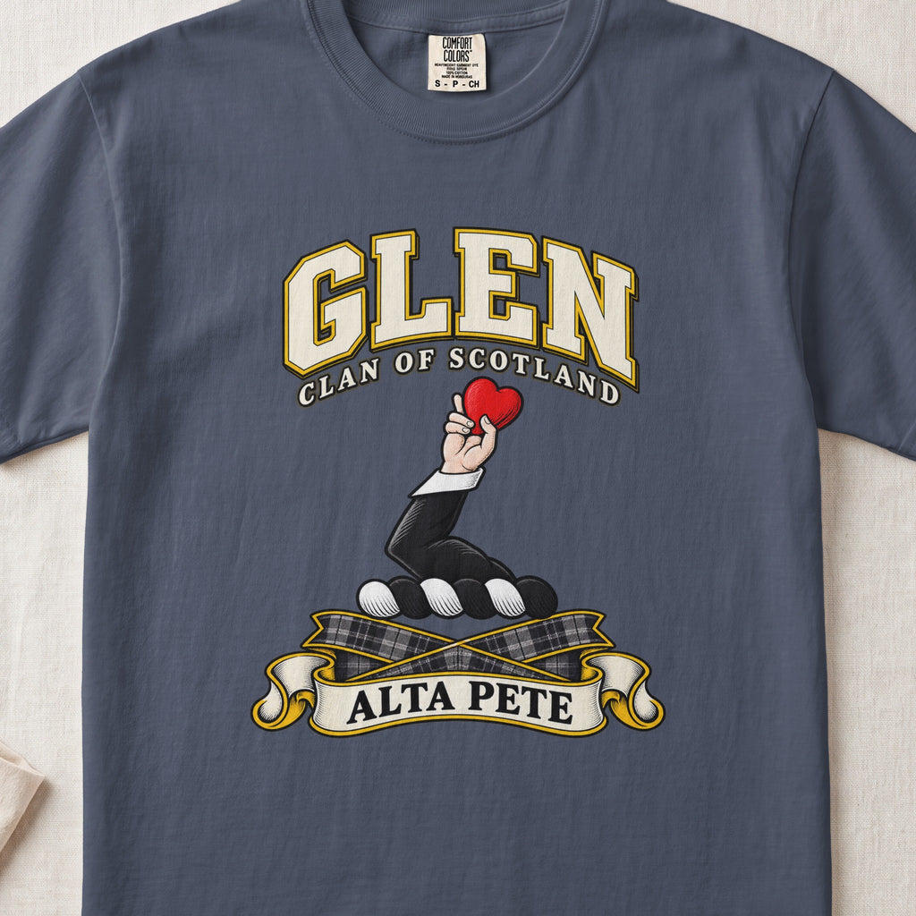 Glen Scottish clan T-shirt in Midnight, front view with a hand holding a red heart and motto banner.