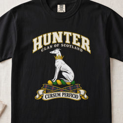 Hunter Scottish clan T-shirt in Black, front view with a seated white hound with a golden collar and motto banner.