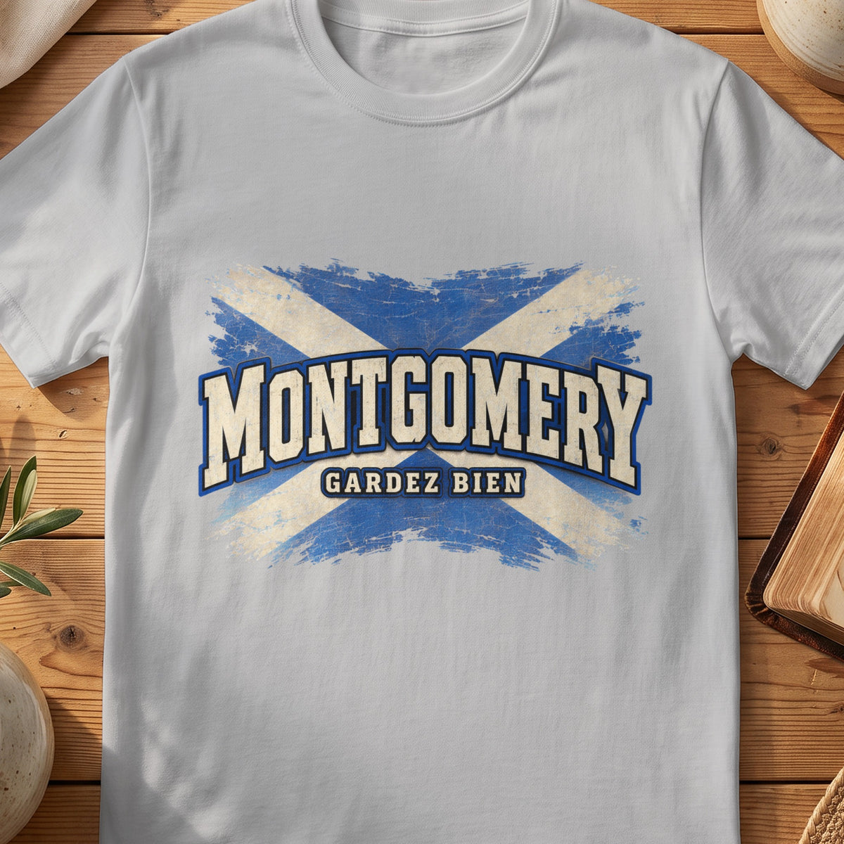 Montgomery Scottish Saltire T-shirt in Sport Grey, with distressed blue and cream flag and “Gardez Bien” lettering.