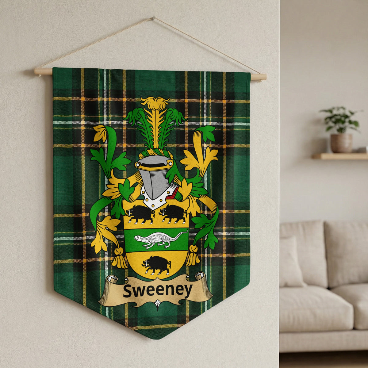 Sweeney family crest on a green tartan banner hanging on a wall.
