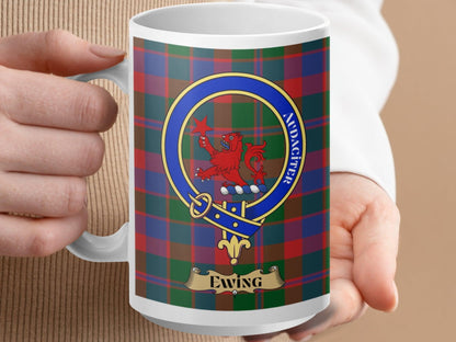 Scottish Clan Tartan Mug with Ewing Crest and Motto - Living Stone Gifts