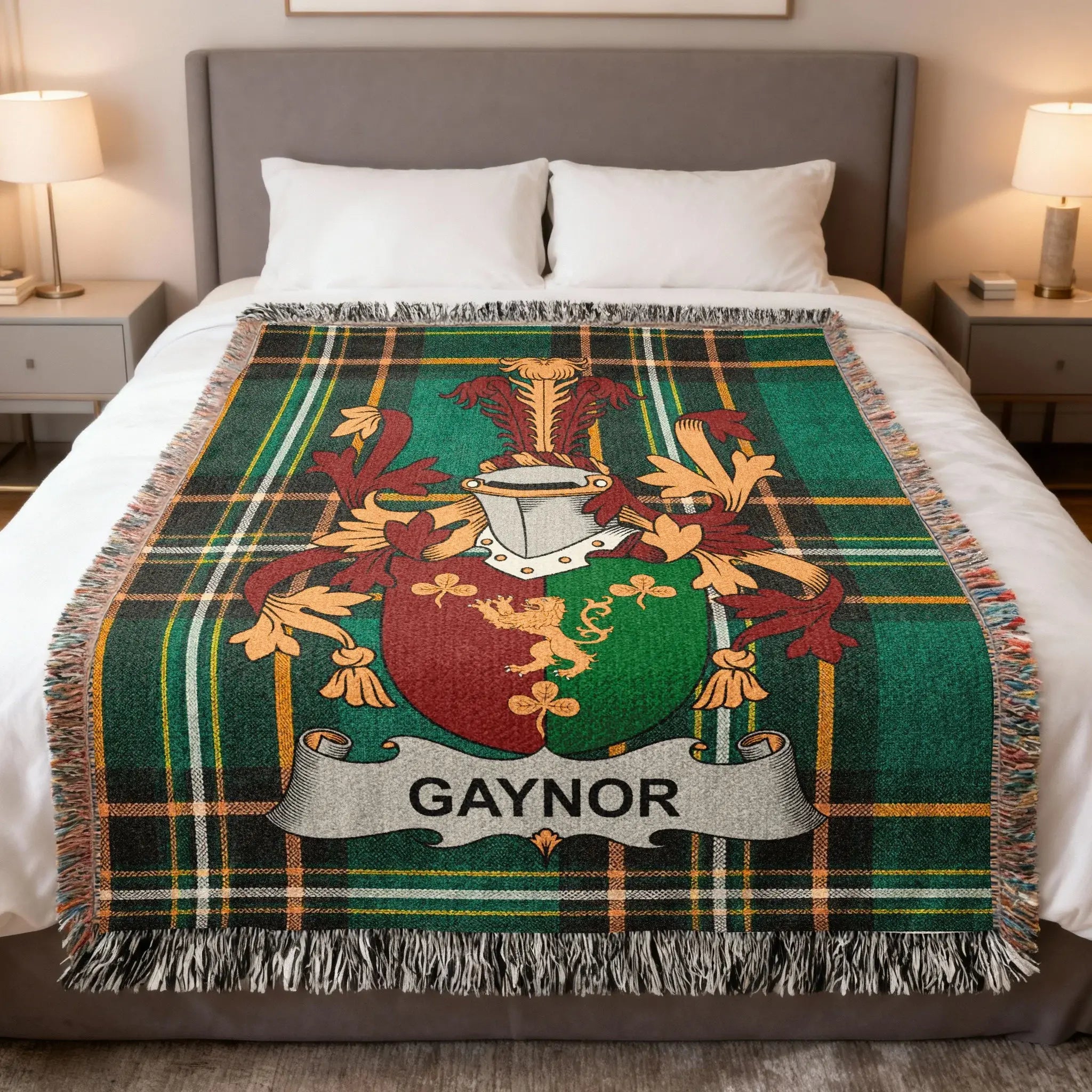 Plaid blanket with GAYNOR family crest and banner.