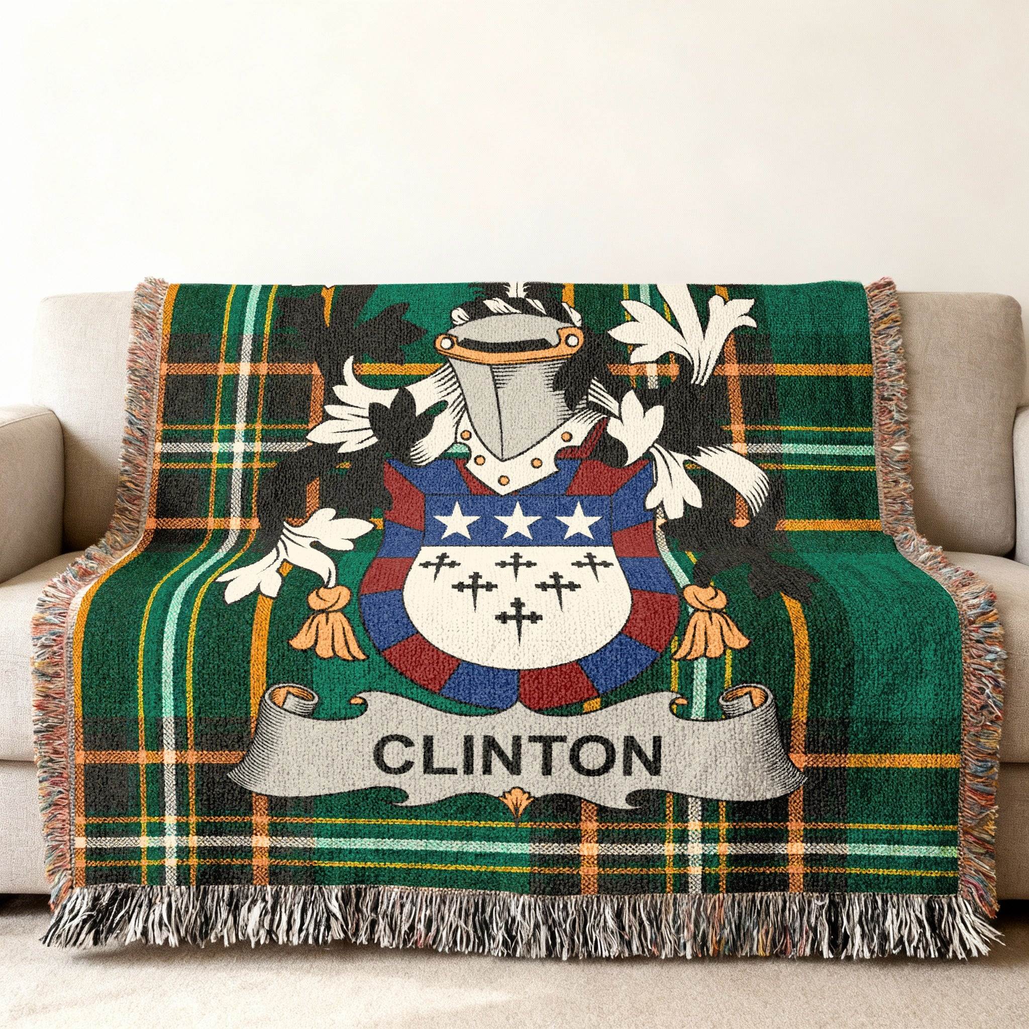 CLINTON Family Crest Plaid Fringe Blanket product type