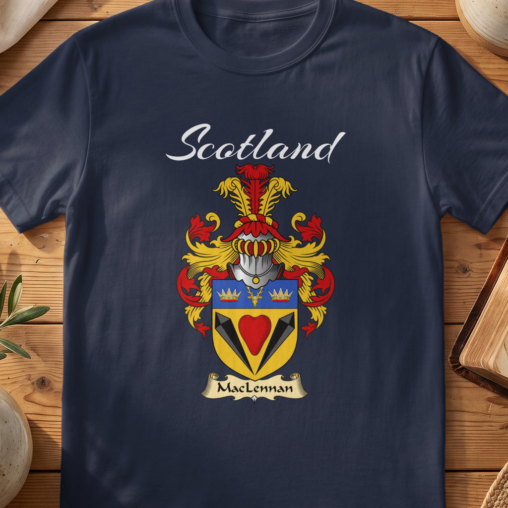 Navy MacLennan family shield T-shirt featuring a red heart beneath a blue band with gold crowns