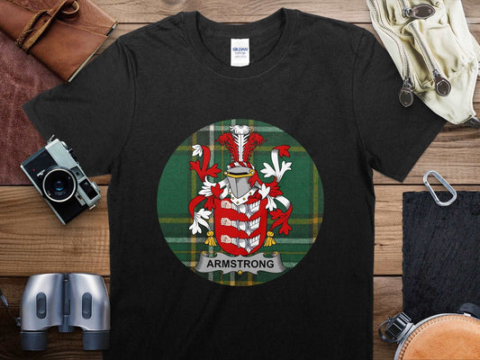 Armstrong Family Crest on Irish National Tartan T-Shirt