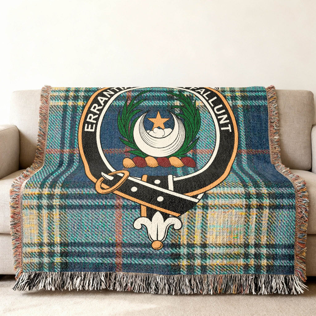 Clan Kinnaird woven blanket — 80x60 inch full size, Kinnaird crest and tartan on sofa display