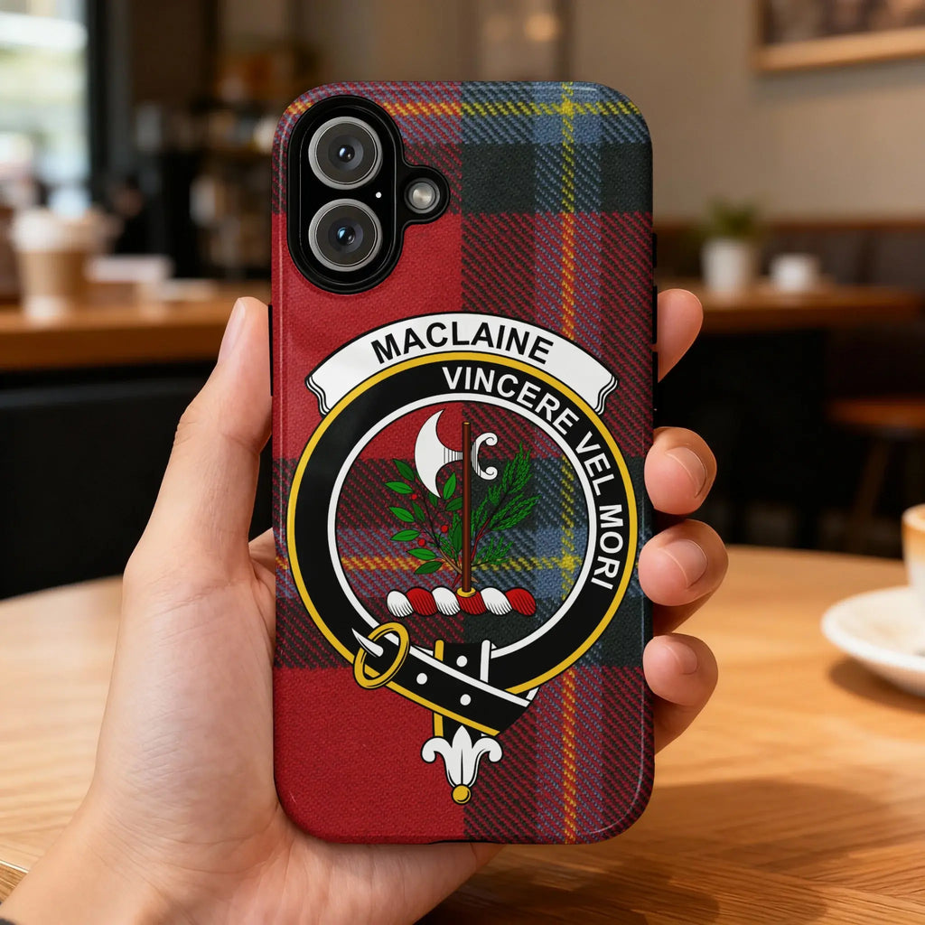 MacLaine Vincere Vel Mori tartan clan crest iPhone case — edge-to-edge plaid design with heraldic motto