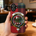 MacLaine Vincere Vel Mori tartan clan crest iPhone case — edge-to-edge plaid design with heraldic motto