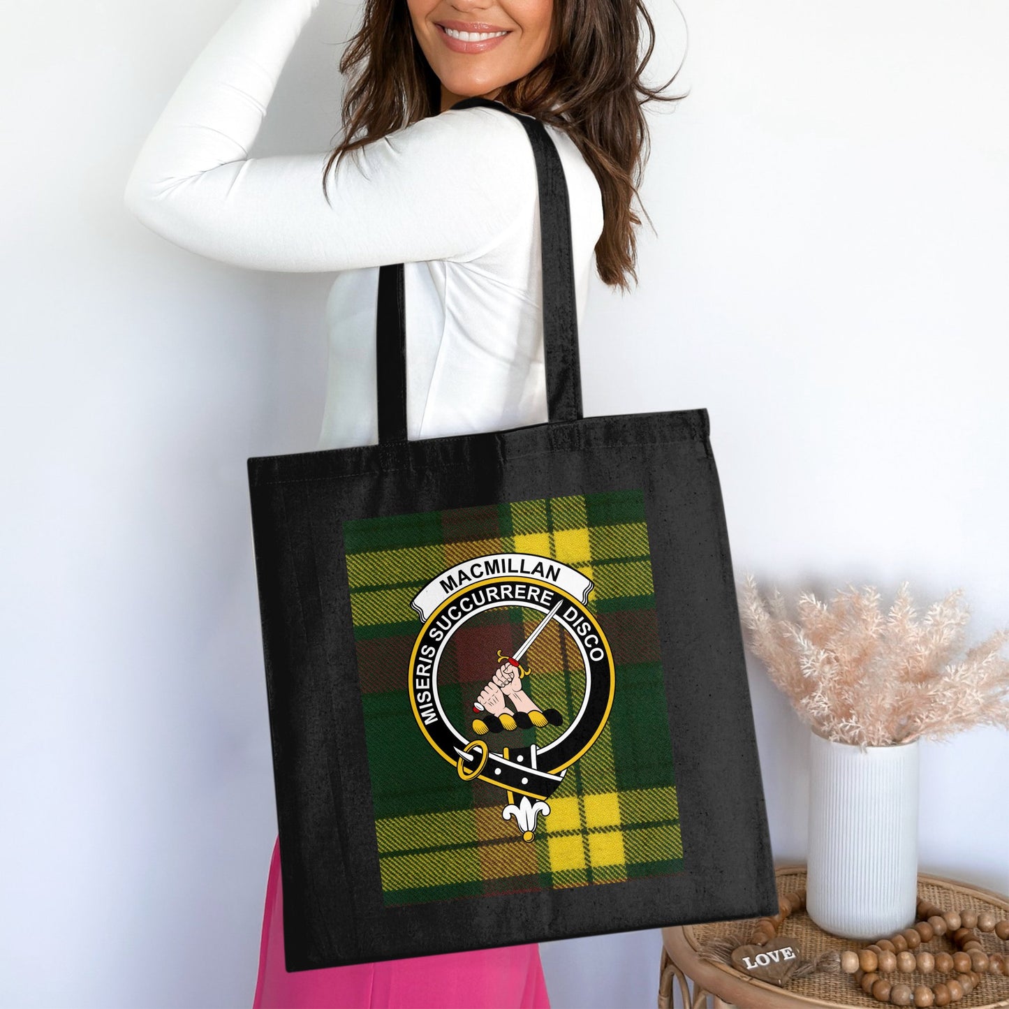 Scottish Clan Crest on Tartan Background Tote Bag - Living Stone Gifts