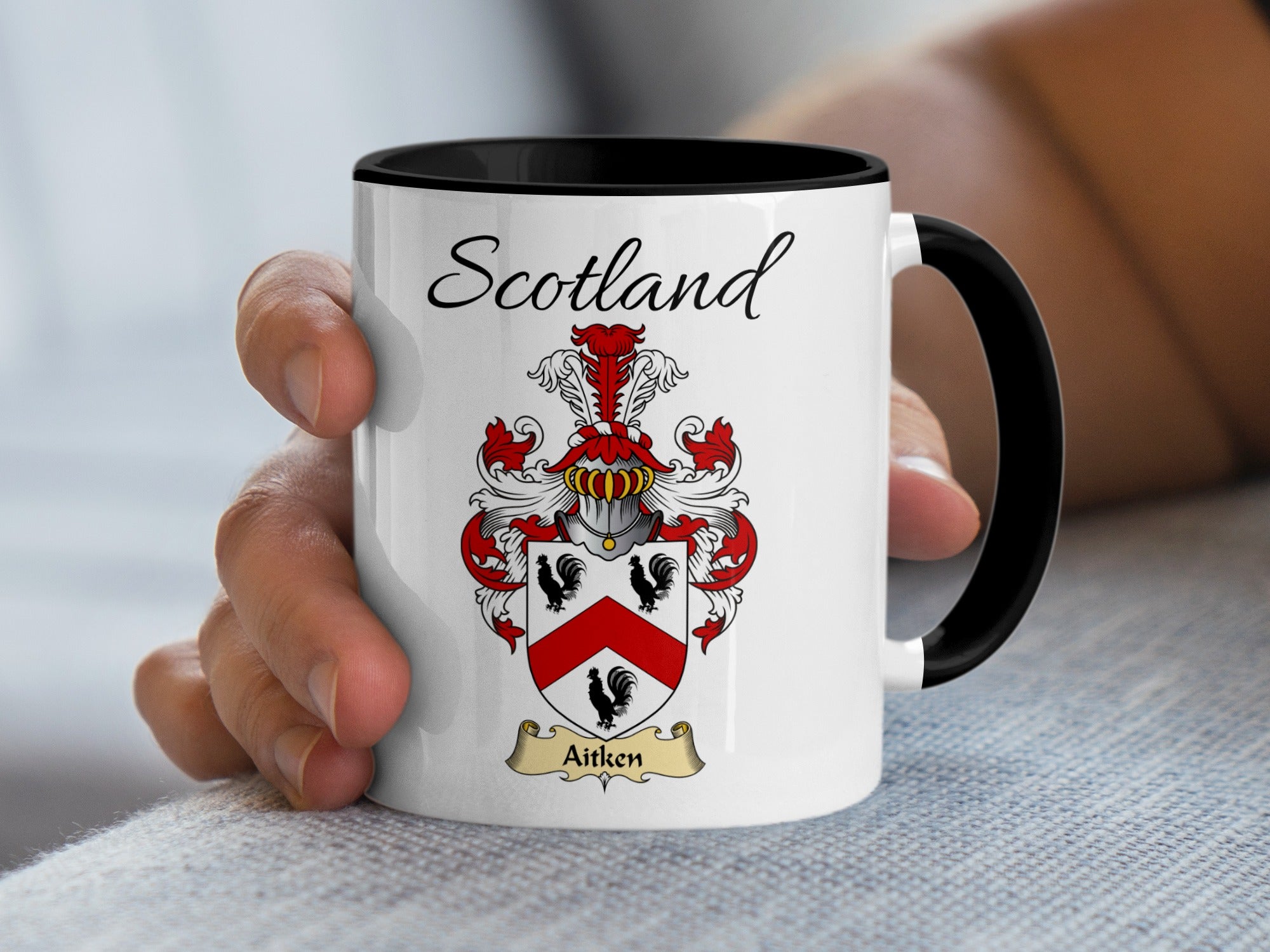 Aitken Scottish family crest accent mug with Scotland above the coat of arms design