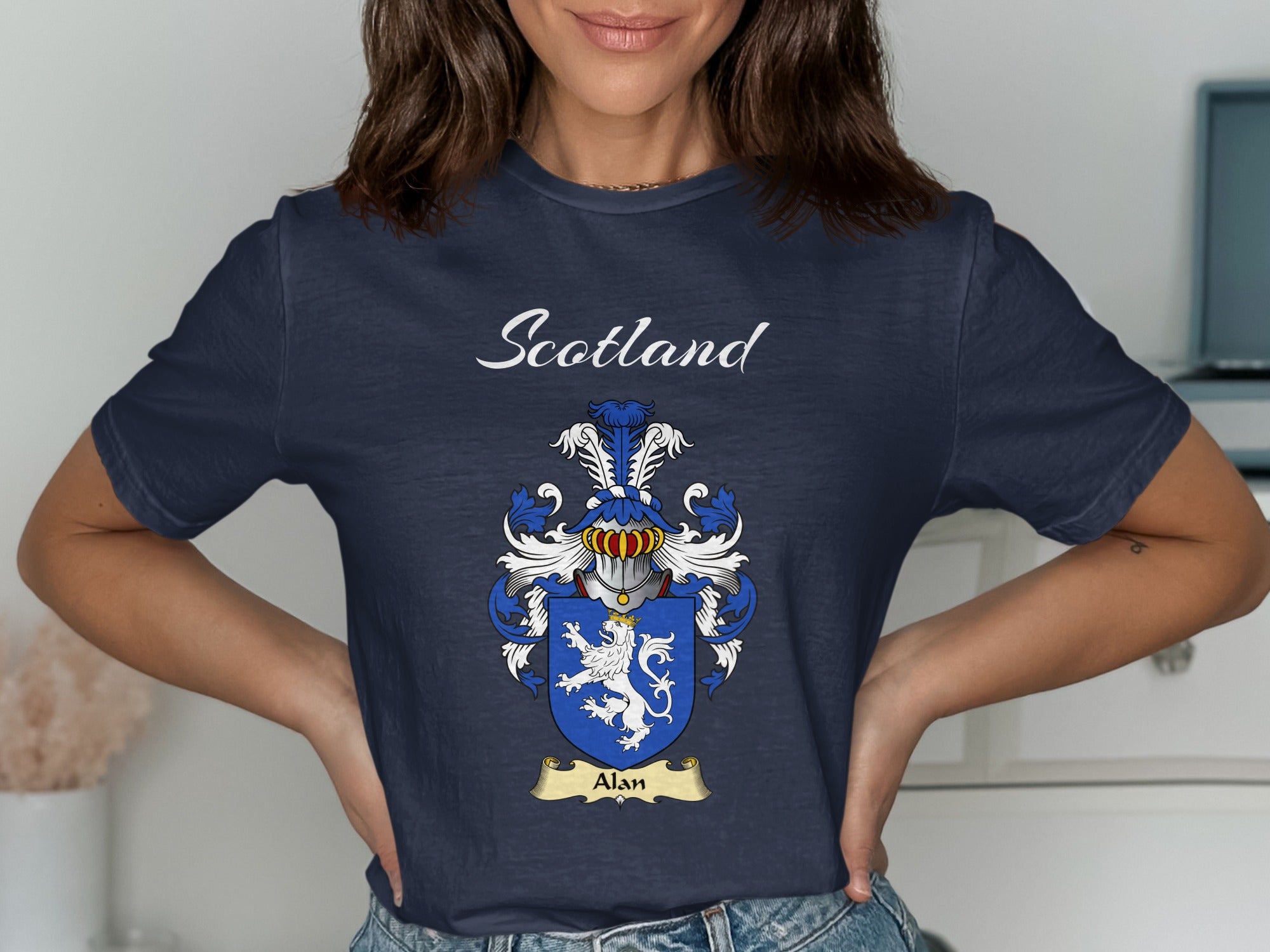 Alan Scottish family shield design on Navy T-shirt