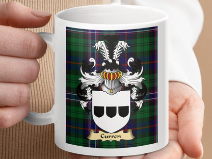 Curren Clan Coat Of Arms On Scottish Tartan T-Shirts - Celtic Ancestry Gifts